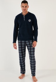 تصویر Ekoseli Regular Fit Düğmeli Bisiklet Yaka Kışlık Polar Pijama Takımı 60961002 