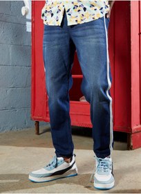 تصویر شلوار جین مردانه آبی با نوار کناری متضاد برند campus sutra Men's Blue Contrast Side-Striped Denim Jeans