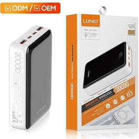 تصویر پاوربانک وایرلس مغناطیسی 15 وات 20000 تایپ سی و یو اس بی الدنیو PQ18 LDNIO 20000mAh Wireless Power Bank PQ18 5A 22.5W