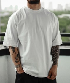 تصویر تیشرت باکسی مردانه سفید پارچه ماکان گرماژ بالا 