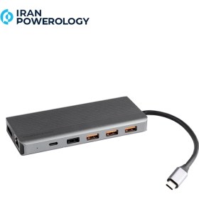 تصویر هاب 13 پورت پاورولوژی مدلP131HBCGY Powerology 13in1 USB-C Hub 4K HDMI Type-C 100W PD Ethernet USB SD MicroSD 3.5AUX