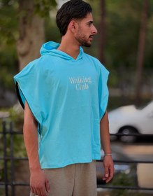 تصویر وست کلاه دار آبی آسمانی پنبه دو نخ مدل لش باکسی طرح زیپدار / اورجینال دیلم Sky-blue hooded vest, two-thread cotton, oversized boxy fit, zippered design / Original Deylam