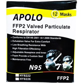 تصویر ماسک N95 سوپاپ دار کربن اکتیو FFP2 آپولو 12 عددی Apollo HY8226 N95 Mask with Valve Activated Carbon FFP2 Pack of 12