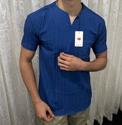 تصویر تیشرت یقه کوبایی پارچه کراش رنگ آبی کاربنی Black Short Sleeve Shirt Collar English Hemp Fabric Very Cool