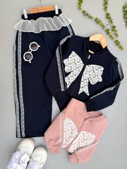 تصویر ست سویشرت شلوار دخترانه پاپیونی سایز ۴ تا ۱۲ سال سرمه ای 