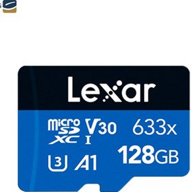 تصویر کارت حافظه microSDXC لکسار مدل 633X V30 A1 کلاس 10 استاندارد UHS-I U3 سرعت 100MBps ظرفیت 128 گیگابایت به همراه آداپتور Lexar 633X V30 A1 UHS-I U3 100MBps microSDXC - 64GB