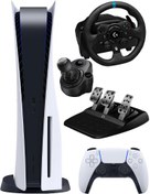 تصویر کنسول بازی سونی مدل PlayStation 5 Standard به‌همراه فرمان بازی لاجیتک مدل G923 و جعبه دنده لاجیتک مناسب برای PS5 