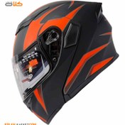 تصویر کلاه کاسکت فک متحرک Ek مشکی نارنجی مدل JK902 کد 17 Ek moving jaw casket cap, black, orange, model JK902, code 17