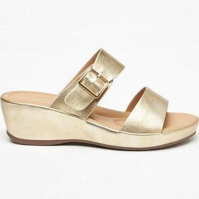 تصویر صندل متالیک با پاشنه‌های وِج و جزئیات قفل‌دار برند flora bella by shoexpress Metallic Slip-On Sandals with Wedge Heels and Buckle Detail