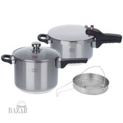 تصویر زودپز دوقلو پارس استیل ظرفیت ۶ لیتر با درب پیرکس و سبد بخارپز 