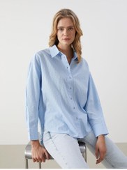 تصویر پیراهن بزرگ ابریشمی زنانه LCW Vision خط‌خطی | LC Waikiki | 894858468 | اورجینال 