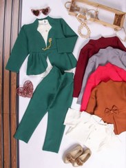 تصویر لباس مجلسی دخترانه سه تیکه یقه دلبر مازراتی و بلوز و شلوار بوگاتی 