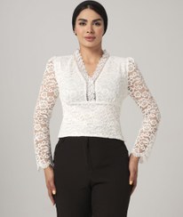 تصویر شومیز کراپ گیپور زنانه آستین بلند | مدل خاص و شیک مشکی و سفید TP-0010