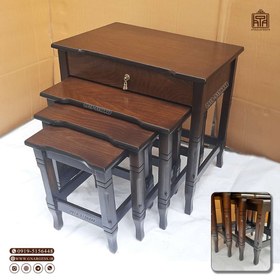 تصویر میز عسلی 4 تکه کشودار چوبی خراطی در طرح ساده و معرق 