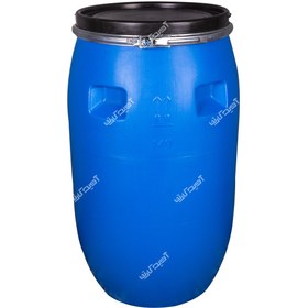 تصویر بشکه ۱۴۰ لیتری آبی پلاستیکی درب تسمه دار 140 liter blue plastic barrel with strap lid