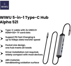 تصویر هاب تایپ سی 5 پورت با کابل 1.6 متری ویوو WiWU Alpha 521H 5 In 1 Type C Hub 