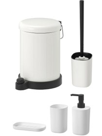 تصویر ست حمام سفید سرویس بهداشتی 5 Bathroom Set Trash Block مسواک Sabunluk توالت و پلاستیکی گالوانیزه IKEA 