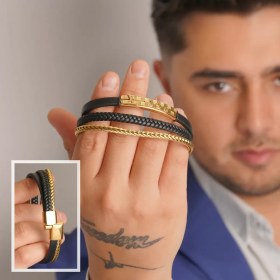 تصویر دستبند استیل و چرم LV 