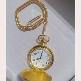 تصویر ساعت جیبی زنجیرماری مدل استیل درجه یک رنگ طلایی 