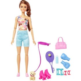 تصویر عروسک باربی با لباس ورزشی و ست بازی با توله‌سگ برند barbie Barbie Wellness Barbie in Workout Outfit with Puppy Playset