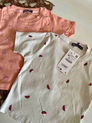 تصویر تیشرت زنانه کبریتی زارا مدل کراپ طرح هندونه و رنگین کمان 