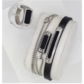 تصویر ست مردانه 4 تکه دستبند چرمی، انگشتر، زنجیر و آویز 