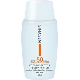 تصویر کرم ضد آفتاب بدون رنگ ژیناژن مدل SPF50 محافظ UVA ،UVB، ضد آب، ضد حساسیت، مناسب پوست چرب حجم 50 میلی‌لیتر GINAGEN FUSION WATER SUNSCREEN