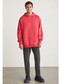 تصویر سویشرت صورتی مردانه جاردل با کلاه و جیب کانگورویی داخلی برند grimelange Jardel Men's Hooded Fleece Inside Kangaroo Pocket Pink Sweatshirt