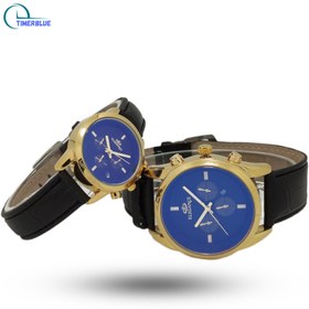 تصویر ساعت مچی ست الگانس طرح کرنو بند چرمی مشکی تقویم دار | بدنه طلایی Elegance set watch