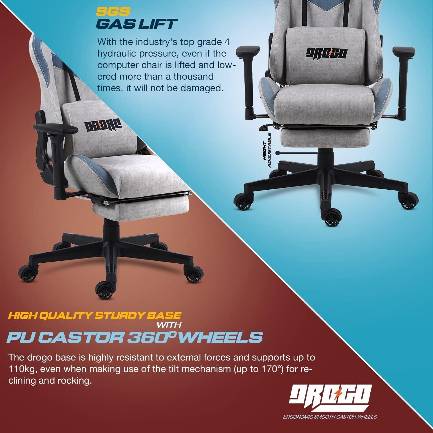 Drogo Multi-Purpose Ergonomic Gaming Chair with Adjustable Seat, Head & USB  Massager Gaming Chair