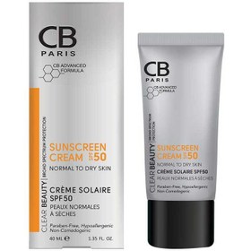 تصویر کرم ضدآفتاب پوست نرمال تا خشک بی رنگ SPF50 سی بی ضد آفتاب صورت مدل کرم ضدآفتاب پوست نرمال تا خشک بی رنگ SPF50 سی بی خشک و معمولی SPF 50 حجم 40 میلی لیتر برند سی بی پاریس | CB Paris بی رنگ