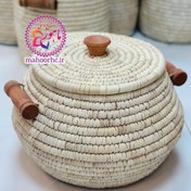 تصویر جای برنج حصیری خمره‌ای ظرفیت ۱۰ کیلو با دسته چوبی 