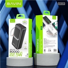 تصویر پاوربانک قست شارژ 22.5W 30000 باوین Bavin مدل PC1031S بهمراه کابل متصل لایتنینگ و تایپ سی 