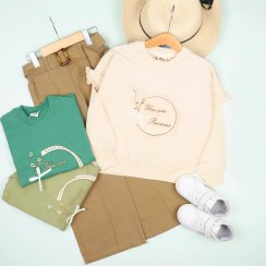 تصویر ست کراپ شلوار دخترانه بچه گانه کتان دورس | شیک و راحت 