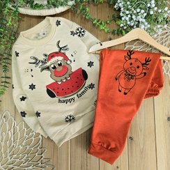 تصویر ست پوشاک پسرانه گوزن و هندونه تکرنگ کرم و قرمز 