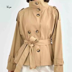 تصویر ترنچ کت یقه اسکی کتان سایز آزاد رنگ کرم 