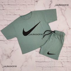 تصویر ست کراپ شورتک نخ پنبه طرح نایک زنانه و دخترانه فری سایز 36 تا42 Cotton crop shorts set, Nike design for women and girls, size 36 to 42,