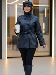 تصویر پالتو چرم فری سایز - سورمه ای 