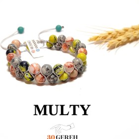 تصویر دستبند سنگی اصل جاسپر دو ردیفه با بافت پیچ نخ چرمی طوسی MULTY 30GEREH stone bracelet