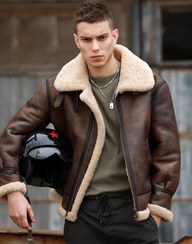 تصویر کاپشن چرم بوفالو گرید A کد 8801 - قهوه ای تیره / 2XL گرید A