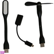 تصویر پنکه همراه Mini USB مدل Mb-68 به همراه چراغ LED و مبدل otg Micro USB 