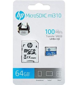 تصویر کارت حافظه‌ microSDHC اچ پی مدل mi310 کلاس 10 استاندارد UHS-I U1 سرعت 100MBps همراه با آداپتور SD ظرفیت 64 گیگابایت 