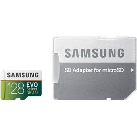 تصویر کارت حافظه سامسونگ microSDXC مدل Evo Select کلاس 10 استاندارد UHS-I U3 سرعت 100MBps ظرفیت 128 گیگابایت به همراه آداپتور SD ا Samsung evo select Micro SDXC Samsung evo select Micro SDXC