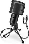 تصویر FIFINE K683A Unidirectional USB Desktop PC Microphone with Pop Filter for Computer and Mac, Studio Condenser Mic with Gain Control, Mute Button, Headphone Jack and Extra USB-C Plug (Black) 