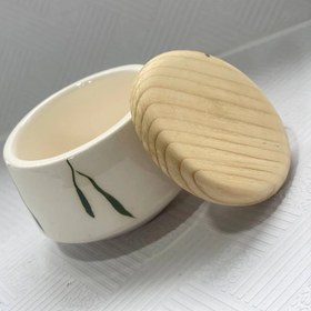 تصویر قندان مدل برگ سبز درب چوبی جنس سرامیک 