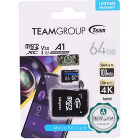 تصویر رم میکرو 64 گیگ تیم گروپ TeamGroup A1 V30 U3 C10 64GB 100MB/s + خشاب TeamGroup A1 V30 U3 C10 64GB 100MB/s 64GB MICROSD MEMORY CARD WHTH ADAPTER