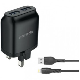 تصویر شارژر دیواری برند پرودو porodo به همراه کابل ۱.۲ متری USB به لایتنینگ Porodo Dual Port Wall Charger 2.4A