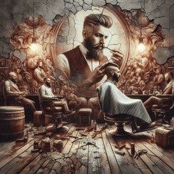 تصویر پوستر دیواری آرایشگاه مردانه کلاسیک وینتیج با آرایشگر ریش‌دار و سالن قدیمی 