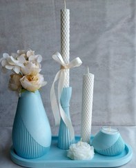 تصویر ست دکوری جلو مبلی سنگ مصنوعی و شمع تزئینی مدل بلو هوم 