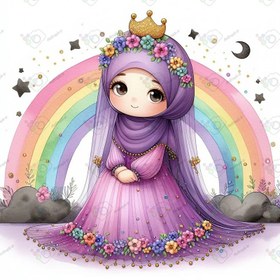 تصویر بک گراند کودکانه دختر ناز با حجاب با لباس زیبا بنفش گلدار و پس زمینه رنگین کمان-کد 41127(ویژه عکس گراف) 